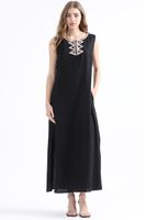 Vestido Maxi Con Lino, Bordado, Negro Liola