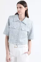 Chaqueta Cropped Tweed Fantasia Con Lurex, Azul Liola