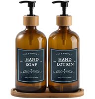 2 Dispensador De Jabon Botella Vidrio Ambar 500 Ml + Bandeja y etiquetas WakesHome