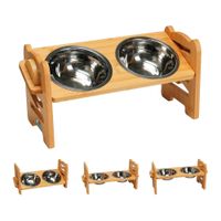 Comedero Bebedero Elevado Ajustable De Bambu Perros Y Gatos