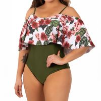 Traje De Baño Floral Sin Hombros Verde Olivo Lu