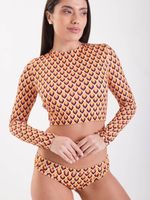 Polera Surf Daikiri Mujer Manga Larga Espalda Abierta Geométrico Naranjo Azul Filtro UV50+