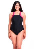 Traje de baño enterito deportivo con cierre negro y fucsia