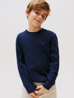 Sweater Trenzado Con Cuello Redondo Azul Tommy Hilfiger