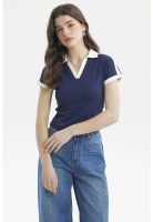 Polera Mujer Color Cuello Polo Azul