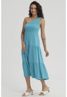 Vestido Mujer Hombro Asimétrico Turquesa