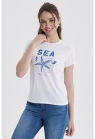 Polera Mujer Básica Print Blanco / Azul Marino / Celeste