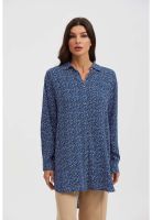 Blusa Mujer Larga Con Botón Parche Azul