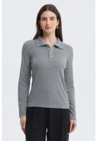 Polera Mujer Con Botón Gris Melange