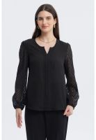 Blusa Mujer Cuello Y Puño En Contraste Negro