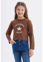 Polera Niña Piping Y Print Café