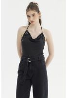 Peto Mujer Escote Drapeado Aplicación Strass Negro