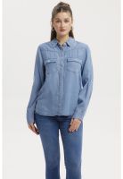 Blusa Mujer Clásica Bolsillo Azul Claro