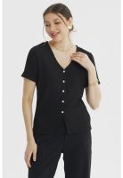 Polera Mujer Botones Perlas Negro