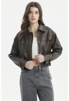 Chaqueta Mujer Bomber Efecto Cuero Café Oscuro
