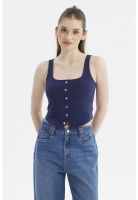 Polera Mujer Escote Cuadrado Botones Falsos Azul Oscuro