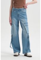 Jeans Mujer Calce Recto Cargo Amarra Azul Claro