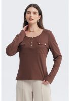 Polera Mujer Aplicación Botones Café Claro