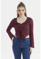 Polera Mujer Encaje Escote V Burdeo