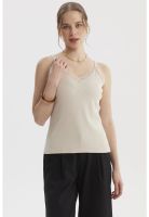 Polera Peto Mujer Pabilo Escote Con Encaje Beige