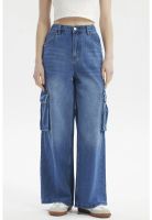 Jeans Mujer Calce Recto Cargo Corte Diagonal Azul