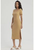 Vestido Mujer Largo Escote Cuadrado Camel