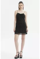 Vestido Mujer Corto Malla Aplicación Flock Negro