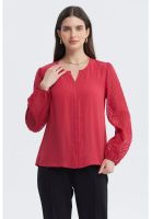 Blusa Mujer Cuello Y Puño En Contraste Rojo