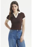 Polera Mujer Color Cuello Polo Café Oscuro