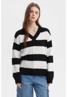 Sweater Mujer Cuello V Rayas Negro / Blanco