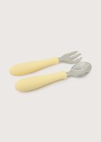Set cuchara y tenedor silicona acero giratorios amarillo