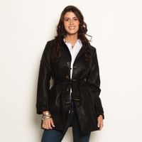 Trench Manga Larga Con Capucha Cuero Ecologico