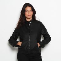 Chaqueta Manga Larga Cuero Ecologico Cuello Mao Y Cierres