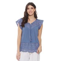 Blusa Manga Corta Con Brodery En Manga Escote Y Ruedo Escote Redondo