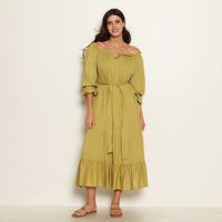 Vestido Manga Larga  Con Lazo En La  Cintura