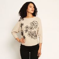 Sweater Manga 3/4 Con Bordado Escote Redondo