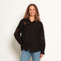 Blusa Manga Larga Con Aplicacion De Encaje Abotonada En Delantero