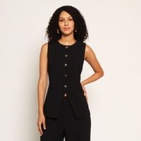 Vest Listado Escote Redondo Abotonado En Delantero