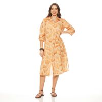 Vestido Manga Larga Lino Estampado Abotonado  En Delantero