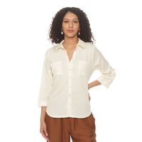 Blusa Manga 3/4 Solida Escote V Abotonada En El Delantero