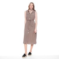 Vestido Sin Manga Lino Abotonado Con Bolsillos Y Lazo En Cintura