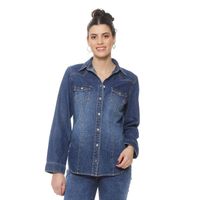 Blusa Manga Larga Denim Con Bolsillo Y Tapaeta Abrochada En El Frente