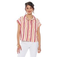 Blusa Manga Corta Listada Abotonada En Delantero  Con Bolsillo