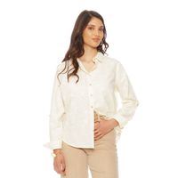 Blusa Manga  Larga Lino Bordado Abotonada En Delantero