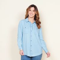 Blusa Manga Larga Lyocell Listada Abotonada En Delantero Y Bolsillo