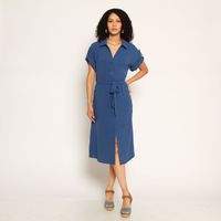 Vestido Manga Corta Abotonada En Delantero Con Lazo En Cintura