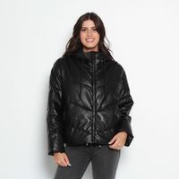 Parka Manga Larga Puffer Pu Con Capucha