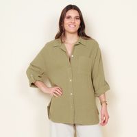 Blusa Manga Larga Solida Abotonada En El Delantero Y Bolsillo