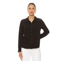 Blusa Manga Larga Abotonada En Delantero Con Aplicacion En Hombros