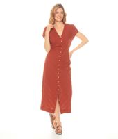 Vestido Manga Corta Solido Con Botones En Delantero